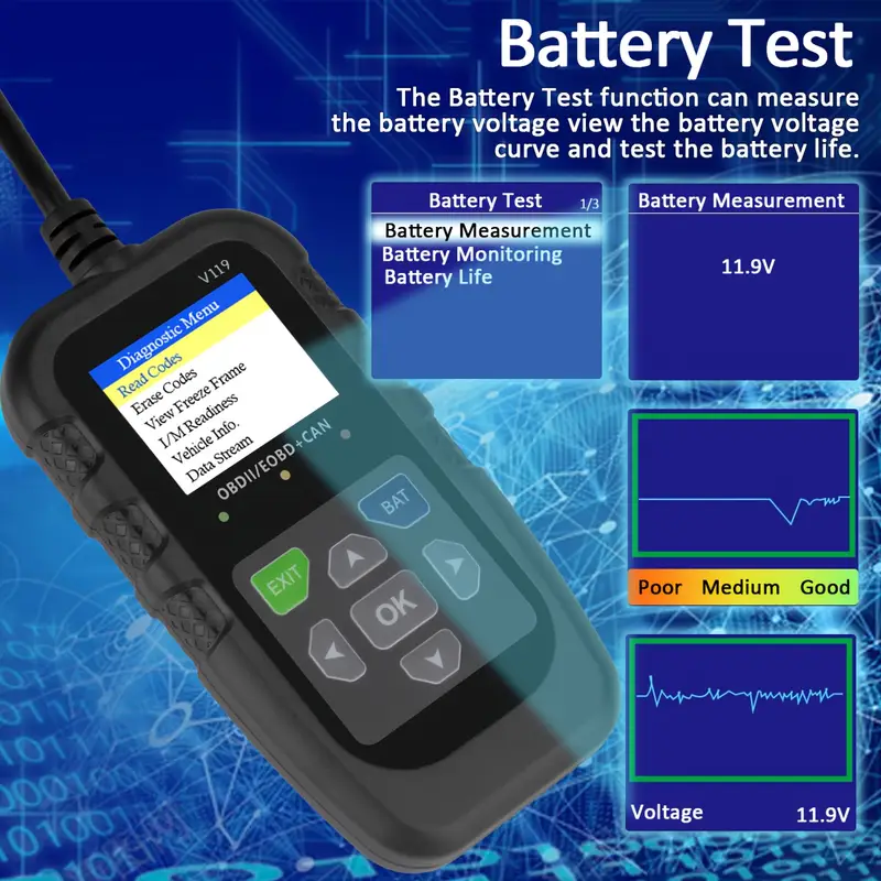 V119 OBD2 Scanner Codelezer US - Power Supply Tester recensie en prijs